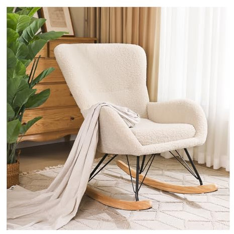 INMOZATA Relax Rocking Chair Teddy Velvet Glider Chair Comfortable Rocker Relaxing Recliner Chair Traditional Arm Rest Lounge Chair with High Backrestor (White), 73 x 103 x 98 cm