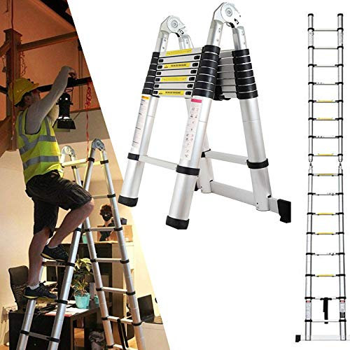 Telescopic Ladder A Shape Fully Extended to 5M 16.5Ft DIY Aluminum Alloy Folding Extendable Extension Adjustable Compact Ladder Safety EN131 Ladder Save Space Easy to Carry 150KG Load small gift