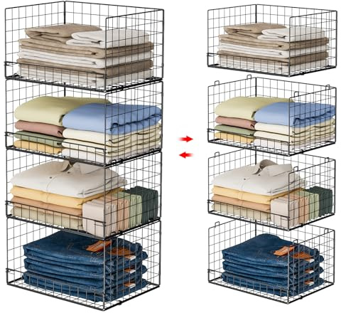 Yociyoga 4-stöckige stapelbare Schrank-Organizer und Aufbewahrungsregale, Moderner Schrank-Organizer-Korb, für Schlafzimmer, Schwarz, Patent