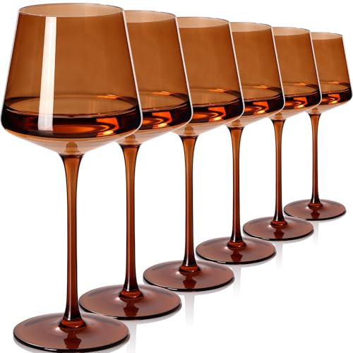 Cyrelwing Dark Amber Wine Glasses Set of 6,18oz Amber Wine Glassware Gift Set for Wife & Mom-Colorful Hand Blown Glass Drinkware for Red White Wine