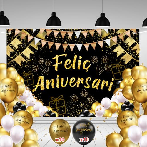 Pancarta Feliç Aniversari Català + 20 Globos | 110x180cm, Agujeros en las Esquinas y Cuerda de 6 Metros | Decoración Cumpleaños Feliz | Photocall Cumpleaños | Cartel Felic Aniversari