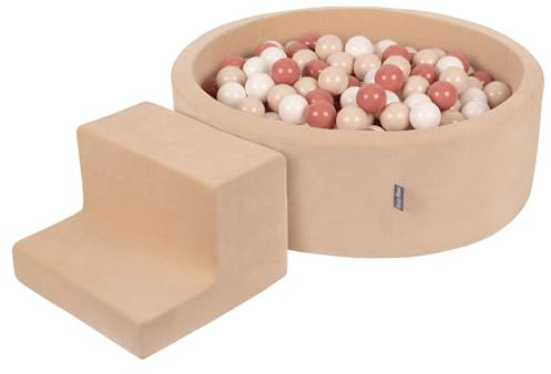 KiddyMoon Parque Terciopelo Infantil De Espuma con Rodondo Piscina De Bolas Piscina (100 Bolas) + Escalones para Niños, Beige De Arena: Beige Pastel/Salmón/Blanco