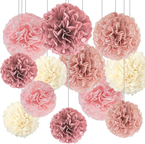 Hochzeit Deko,12 Stück Blush Rosa Roségold Hängende Papier Pom Poms für Pink,Bachelorette,Boho,Geburtstag Party Dekorationen