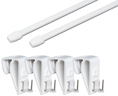Vitragestangen 2er Pack, weiß, oval, ausziehbar, 2x Gardinenstange inkl. Befestigung OHNE Bohren und OHNE Kleben (80-120 cm + Klemmträger Kunststoff)