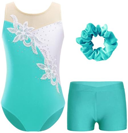 Yruioon Kinder Mädchen Gymnastikanzug Glitzer Turnanzug Ärmellos Ballettanzug Ballett Trikot mit Kurze Hose Haarband Wettbewerb Tanzkostüm Blau Grün 146-152