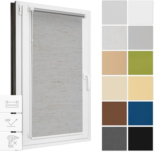 Estika Verdunklungsrollo ohne Bohren, Breite alle 1 cm - 114 cm x 120 cm - Graues Flachs - Thermorollo, Rollos für Fenster ohne Bohren, Sonnenschutz Fenster innen