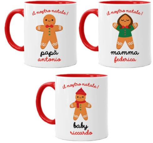 Gattablu Pacchetto set famiglia x 3 tazze color mug 11oz Il nostro natale, Biscottini zenzy! Personalizzate con nomi! Mamma, papà e baby!