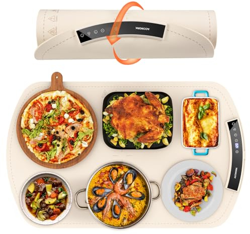 Bandeja Calentadora Eléctrica para Buffets y Fiestas, Alfombrilla Calentadora de Silicona para Alimentos con 9 Ajustes de Temperatura - Temporizador de 12 horas, Almacenamiento Enrollable