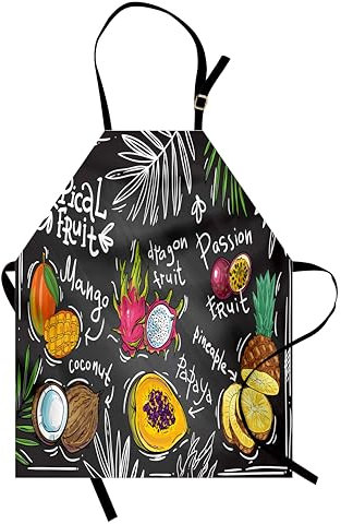 ABAKUHAUS Obst Kochschürze 2er-Pack, Hand gezeichnete Mango-Drache-Frucht-Papaya-Kokosnuss-und Ananas-Skizzen-tropische Tafel, Höhenverstellbar Klare Farben, 67 cm x 80 cm, Dunkelgrau