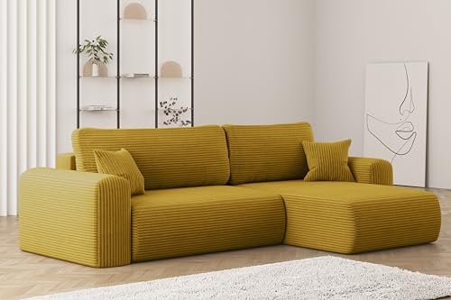Kaiser Möbel, Sofa mit schlaffunktion, mit Bettkasten, Schlafsofa Capri, Designer Sofa, Modern Design Couch, Polsterecke, Freistehend, Stoff POSO Gelb Rechts