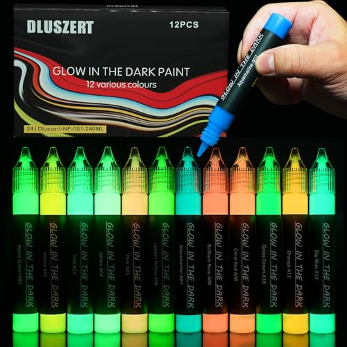 Dluszert Colori acrilici notturni, 12 × 20 ml, Glow in The Dark Color 3D, impermeabile, tessuto luminoso, colori fluorescenti per Halloween, Natale, pittura, fai da te