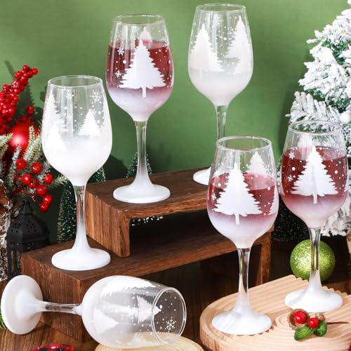 Boao Set of 6 Christmas Wine Glasses Festive Santa Snowman Christmas Tree Drinking Goblets Cups Painted Xmas Wine Glass Gift Winter Wine Glassware for Party Wedding Holiday(White,Xmas Tree)