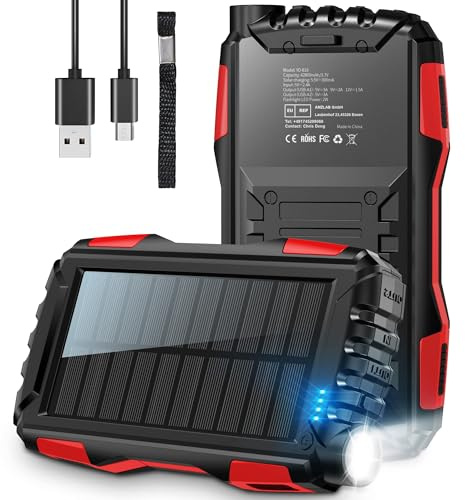 Solar Power Bank, 46800mAh Portable Charger, USB C Fast Charging Battery Pack, PD18W QC 3.0 Phone Charger with Flashlight, Outdoor Waterproof Power Bank 3 Charging Port-Red15