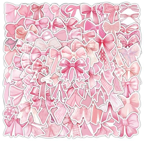 LunarCharm 100 Stück rosa Schleifenaufkleber, Vintage Ästhetische Aufkleber, Vinyl Wasserfest rosa Schleifen Aufkleber, für Wasserflasche Laptop Telefon Journal