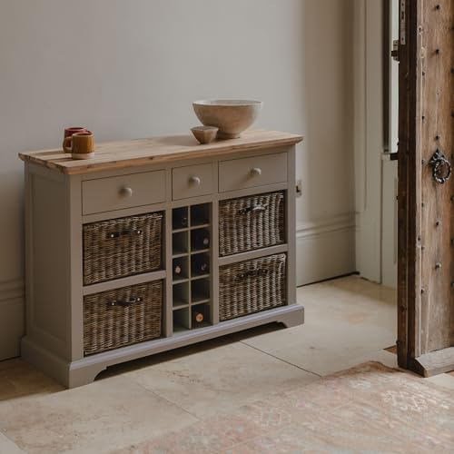 Florence Sideboard with 3 Drawers, 4 Storage Baskets, Wine Rack | W120 H85 D42 cm | Acacia Wood Top, Fully Assembled Kitchen Dining Furniture (truffle)
