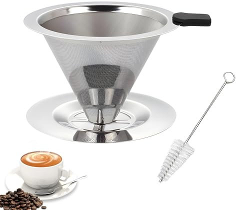 Stainless Steel Coffee Filter, Pour Over Coffee Filter, Reusable Drip Coffee Filter with Holder and Cleaning Brush for Manual Coffee Maker