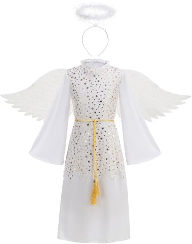 maxToonrain Mädchen Engel Weihnachten mit Flügel Gold Sterne Krippen-Kostüm (groß)