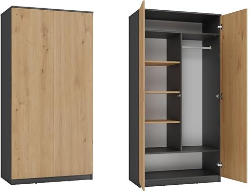 BDW Armoire à 2 portes, 6 étagères, porte-manteau, multifonction, tiroir, armoire pour chambre à coucher, salon, 180 x 90 x 50 cm, anthracite/chêne artisanal