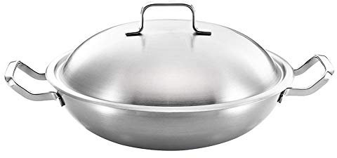 QTYQWC Edelstahl-Doppelohr-Chef-Fry-Wok-Gaskocher, traditioneller handgefertigter Topf, Nicht beschichtete Woks