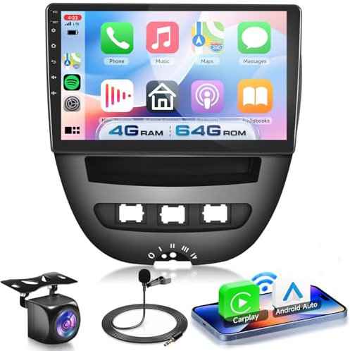 4G+64G Autoradio Android 13 per Toyota Aygo/Peugeot 107/Citroen C1 2004-2014, 10.1 HD Schermo Tactile Stereo Auto co Carplay Android Auto senza Fili GPS Wi-Fi USB Bluetooth 5.0 FM RDS Retrocamera