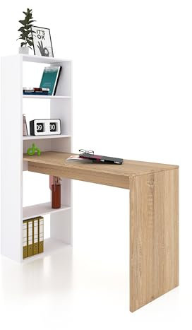 duehome | Escritorio Juvenil con Estanteria Reversible, Mesa de Ordenador, Modelo Cosmic, Acabado en Blanco Artik y Roble Canadian, Medidas: 120 cm (Largo) x 53 cm (Ancho) x 144 cm (Alto)