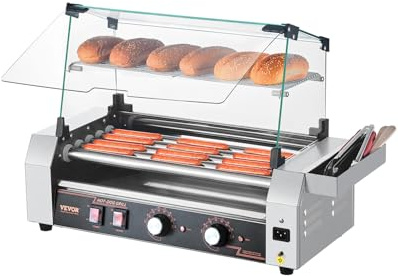 VEVOR Hot Dog Roller, 12 Hot Dog 5 Rollers, Stainless Steel Sausage Grill Cooker, 750W Commercial Hot Dog Machine with Dual Temp Control, Cover, Side Storage Box, Removable Shelf & Oil Drip Tray