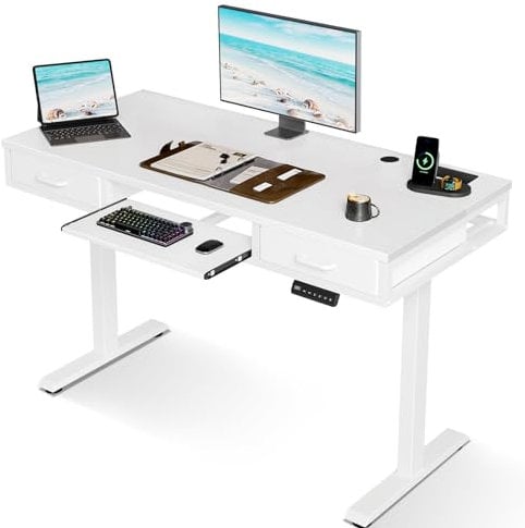 OffiGo Height Adjustable Desk with Double Drawers, 120 cm Standing Desk with Keyboard Tray, Electric Computer Table with Power Socket, Sit Stand Desk for Home Office, White