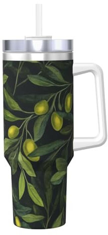 Zsuugj Green Branch Olive 40 Oz Tumbler With Handle And Straw Lid Car Cup Stainless Steel Water Bottles Insulated Coffee Cup Travel Mug Gifts For Men Women
