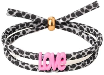 Generisch Leo Armband, Ibiza Style, Leopardenmuster Wickelarmband verstellbar, Freundschaftsarmband, Selfmade, Boho, Festival (Schwarz-Weiß LOVE rosa Perle gold)