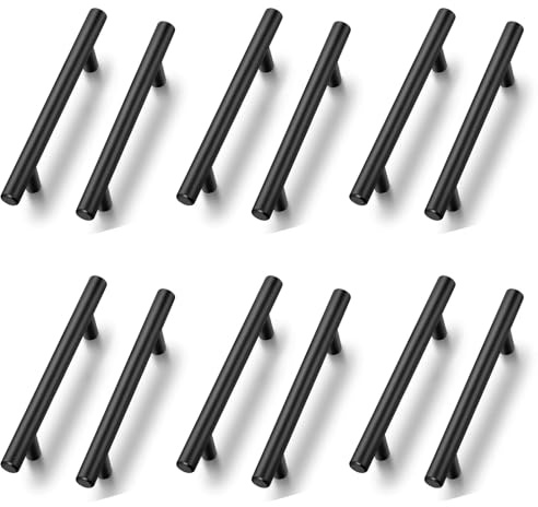 12 Pack Black Kitchen Cupboard Handles,96mm Hole Center, Stainless Steel Matt Black Drawer Cupboard Door Handles T Bar Wardrobe Cabinet Pull Handle for Cabinets and Drawers