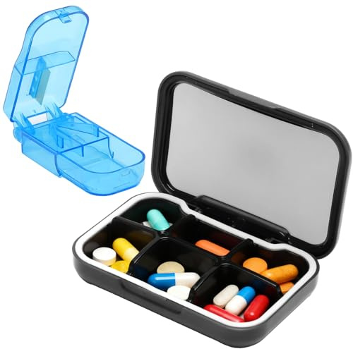 Tablettenbox 6 Fächer für unterwegs – Kompakte Pillendose mit Blauem Schneidegerät, Supplement Organizer mit Silikon-Dichtung und abnehmbarem Inlay