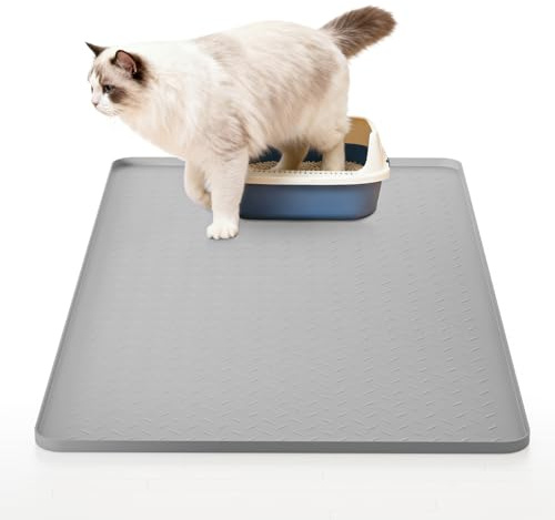 Kattsandsmatta 130 × 65 cm, kattlådeunderlägg XXL för kattlåda | Överdimensionerad silikon kattlåda matta för kattlådor, vattentät, halkfri, lätt att rengöra, flera katthushåll, grå