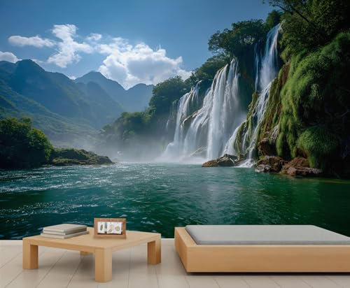 YEMYOR Waterfall Mural Wallpaper Green Mountain Forest Wallpaper for Living Room Bedroom Nature Landscape Wall Mural for Kitchen Dining Room-450x300cm