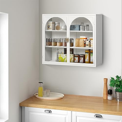 Ligterra Hängeschrank Küche, Küchenschränke mit Glastüren & 3 Ablageflächen, Charakteristisches Flechtmuster, für Küche, Esszimmer, Eingangsbereich, Badezimmer, 70×23×60cm (Weiß)