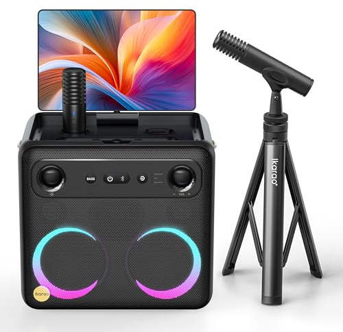 Ikarao Karaoke Machine with Microphone Stand, Portable Bluetooth Speaker for Party, Backyard, Karaoke System with 2 Wireless Microphone for Adults Kids, for Women, Men, Singing Lovers