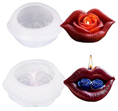 Stiesy Lip Candle Moulds, 2Pcs Lip with Rose Flower Shape Silicone Mold 3D Resin Epoxy Casting Molds Scented Aromatherapy Candle Making Mould for DIY Wax Soap Crafts Gypsum Wedding Home Decor Gift
