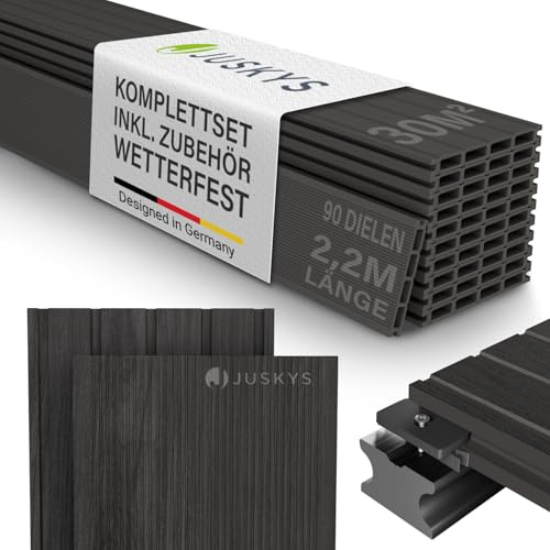 Juskys WPC Terrassendielen 30 m² – 220 cm Dielen, wetterfest & pflegeleicht, inkl. Unterkonstruktion, Clips & Schrauben, rutschfest für Terrasse & Balkon – Grau