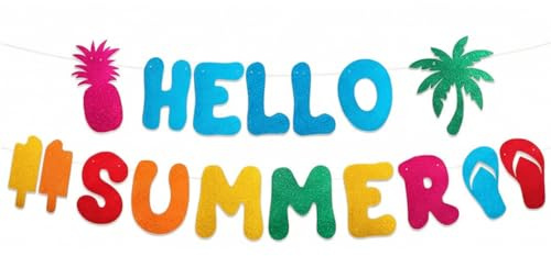 Hello Summer Banner Glitzer Bunt, Sommer Party Deko Girlande mit Ananas und Kokosnuss, Sommer Dekoration für Zuhause Büro Garten Party