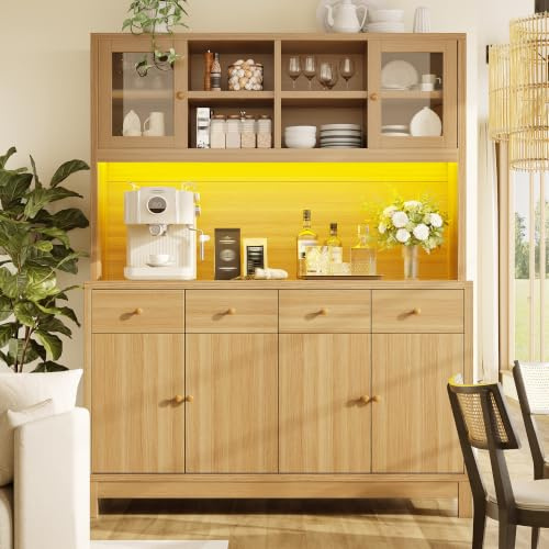 REXO Hochbuffetschrank 140 * 38.5 * 180cm mit App-gesteuerter RGB-LED, Glastüren & 4 Schubladen, verstellbare Einlegeböden, Naturholz-Optik, belastbar bis 100kg