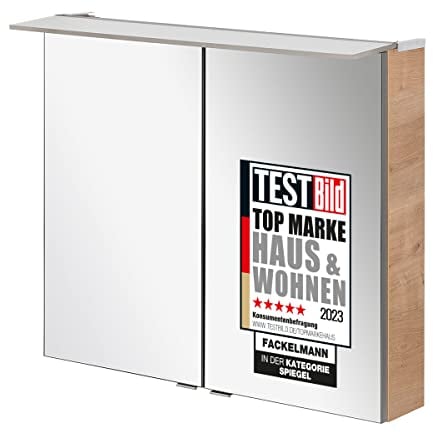 FACKELMANN B.PERFEKT LED Spiegelschrank 80 cm, AST-Eiche Design, 2 Türen mit Innenspiegel, 80x69x15 cm, Made in Germany, inklusive Beleuchtung