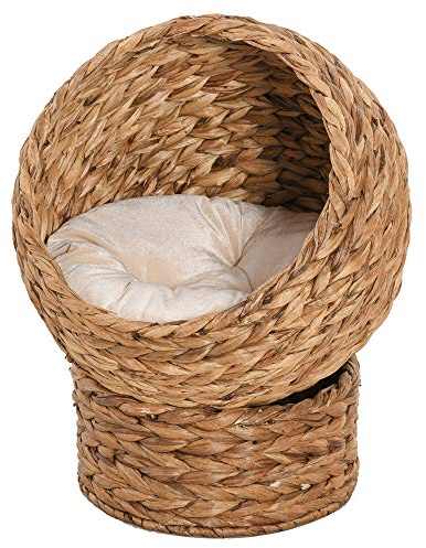 PawHut Wicker Cat House, Raised Cat Bed with Cylindrical Base, Soft Washable Cushion, Woven Water Hyacinth Cat Basket for Indoor and Outdoor, 40 x 37 x 51 cm - Brown