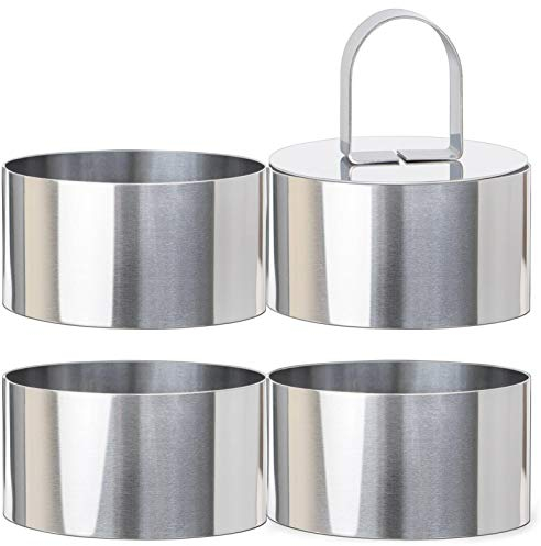 HULISEN Round Cake Ring, Stainless Steel 3 x 3 inch Dessert Mousse Mold with Pusher & Lifter Cooking Rings for Baking, Cheesecake Crumpets Eggs Pastry Moulds 4 Pcs Per Set.