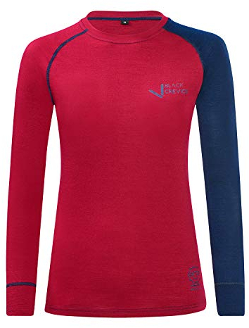 Black Crevice Damen Langarmshirt aus Merino Wolle in 42 - Blood red/Steel Blue I Funktionsshirt atmungsaktiv I Funktionsunterwäsche I Base Layer I Long Sleeve I Skiunterwäsche