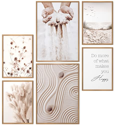 Papierschmiede® Mood Poster Set Boho Sand, Bilder Set mit Rahmen (Farbe wählbar) Wohnzimmer Deko Modern, 2x A4 & 4x A5, decoration boho style Decoration Poster Wohnzimmer Gras Gräser