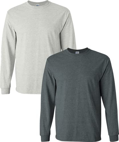 Gildan Men's Ultra Cotton Adult Long Sleeve T-Shirt, 2-Pack Ash Grey-Dark Heather Pack of 2 Small, Ash