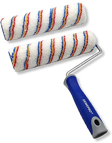 DEWEPRO Rouleau de peinture de 25 cm avec étrier et rouleau de rechange – Rouleau de peinture à poils courts avec poignée ergonomique à 2 composants – Convient pour la peinture acrylique, les vernis