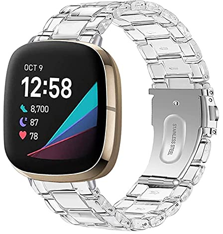 Miimall Kompatibel mit Fitbit Versa 3/Sense Armband, Hochwertiges Leicht Resin Harz Ersatzarmband mit Doppelte Faltschließe aus Edelstahl Uhrenarmband für Fitbit Versa 3/Sense-Transparent