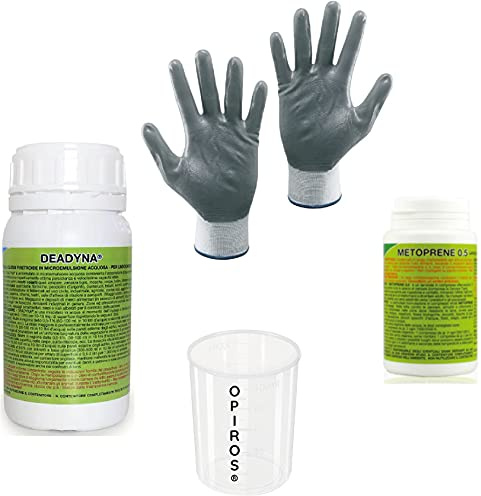 Opiros Deadyna ml.250 Insetticida + Metoprene 0,5 Da 10 Compresse Effervescenti Anti Zanzare + Misurino Ml.100 + Guanti