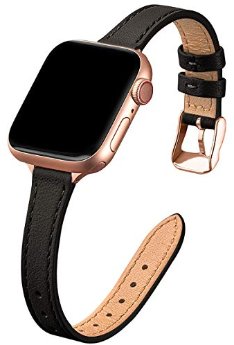 SUNFWR Kompatibel mit Apple Watch Armband 38mm 40mm 41mm,Echtes Ersatz Lederarmband,Schlank und Leicht Armband für die iwatch Serie Ultra/8/7/6/5/4/3/2/1,SE(Schwarz&Roségold)