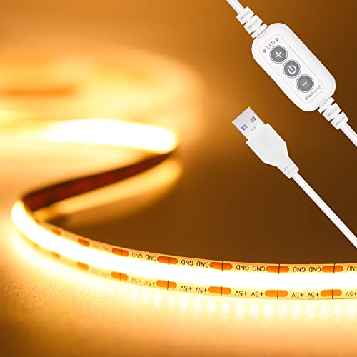 PAUTIX USB 5V LED Streifen Warmweiss 2M, 640LEDs Dimmbar COB LED Strip Lights CRI90+ 2700K TV Hintergrundbeleuchtung,Flexibel Unterbodenleuchte für Küche,Schlafzimmer,Zuhause DIY Beleuchtung